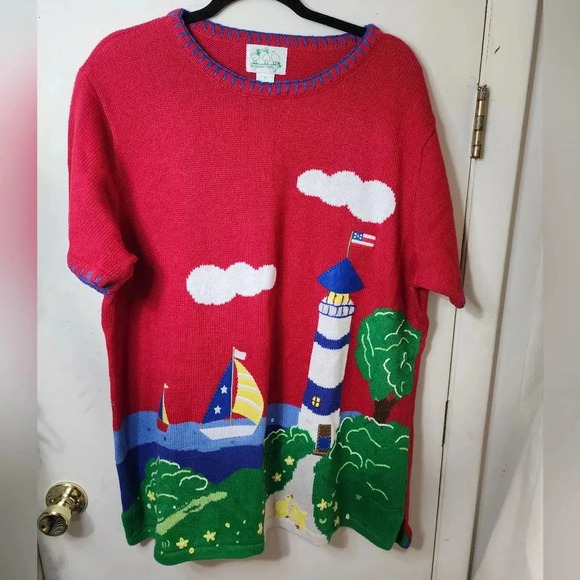 The Quaker Factory Plus Size 1X Red Sweater Light House Sail Boat Short Sleeve - Picture 1 of 7